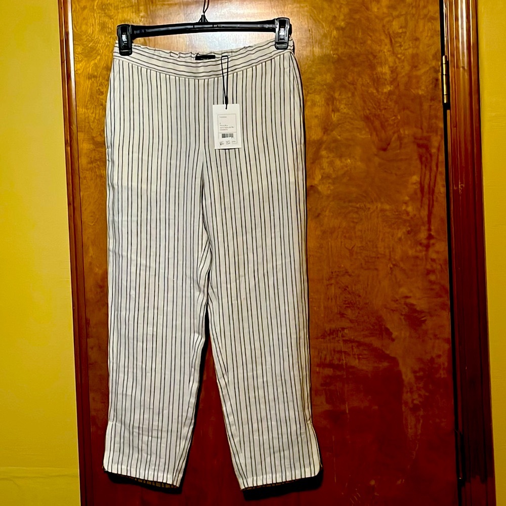 NWT Theory White/Blue Narrow Stripe Pull up Linen pants